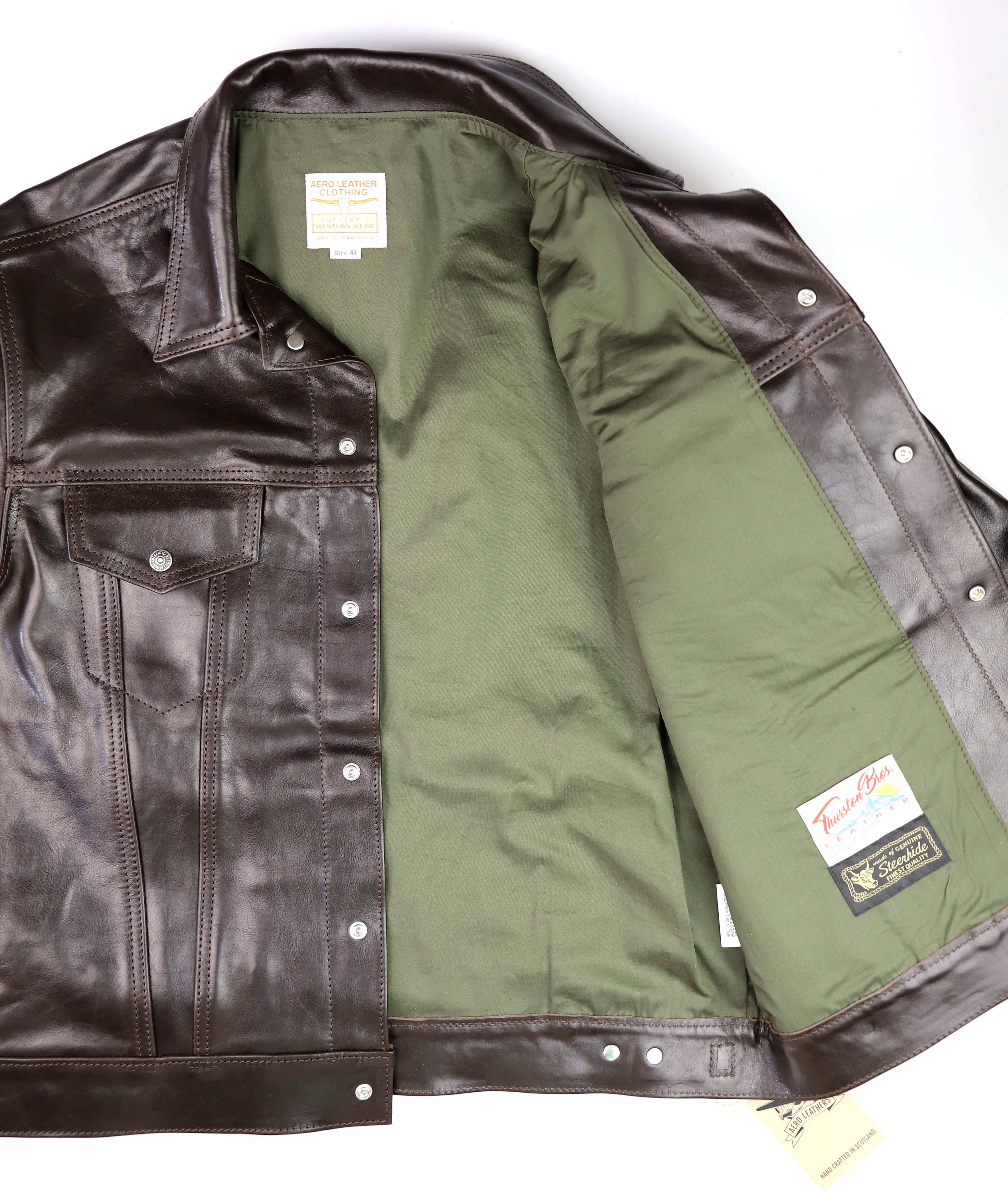 Aero 557XX Type 3 Jean Jacket Chestnut Badalassi 4FQ olive cotton sateen lining.jpg