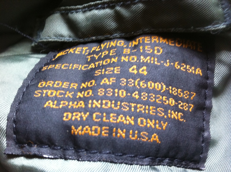 Alpha Replica Series (USA 1990s) B15D Flight Jacket (Size 44